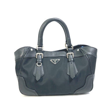 PRADA Handbag Nylon / leather black Triangle logo Tote Bag Women Used Authentic